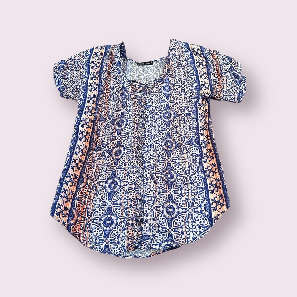 Women's Gypsy Sand V Neck Patterned Short Sleeve Blouse Size Medium